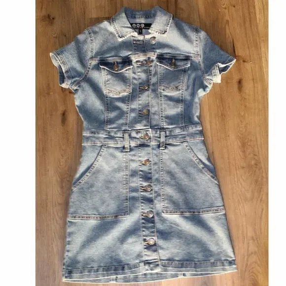 Peace Love Eco by Rewash Denim Mini Dress | Button Front | Short Sleeve | Size S - Picture 3 of 8